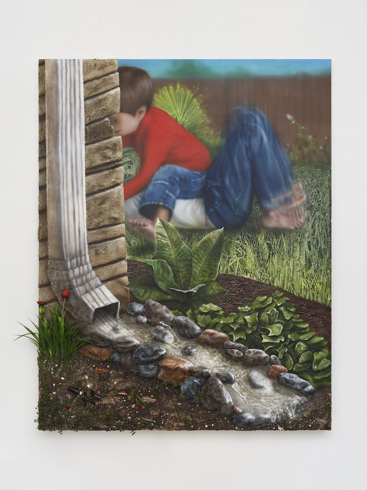 In The Gutter, 2021 acrylic, resin, glass, gravel, glitter, artificial plants, keychain, paintbrush on canvas